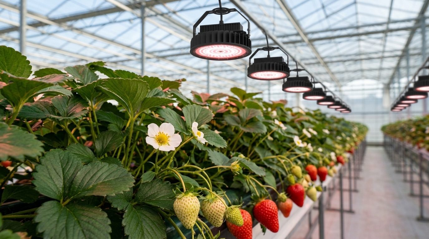 Red-White LED Spectrum for Strawberry Lower Tier in Multi-Tier Greenhouses