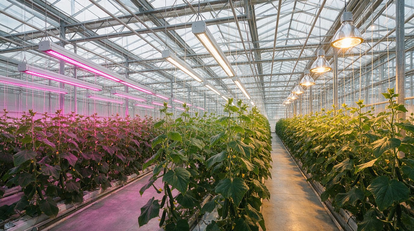 Horticultural LEDs, White LEDs, and HPS for Cucumber: Yield vs Cost Balance