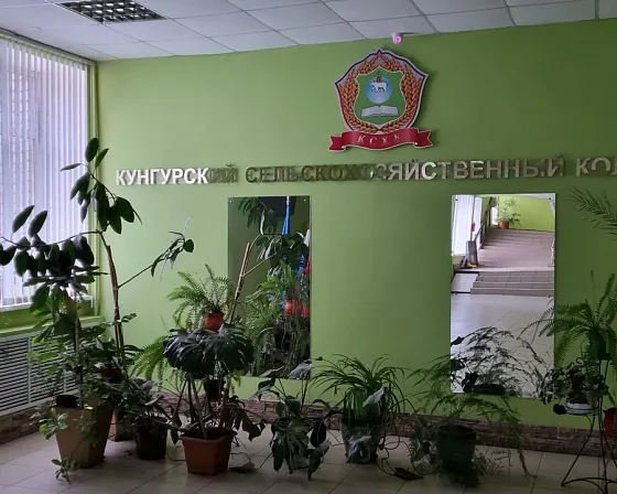Холл колледжа с гербом, флагами и комнатными растениями